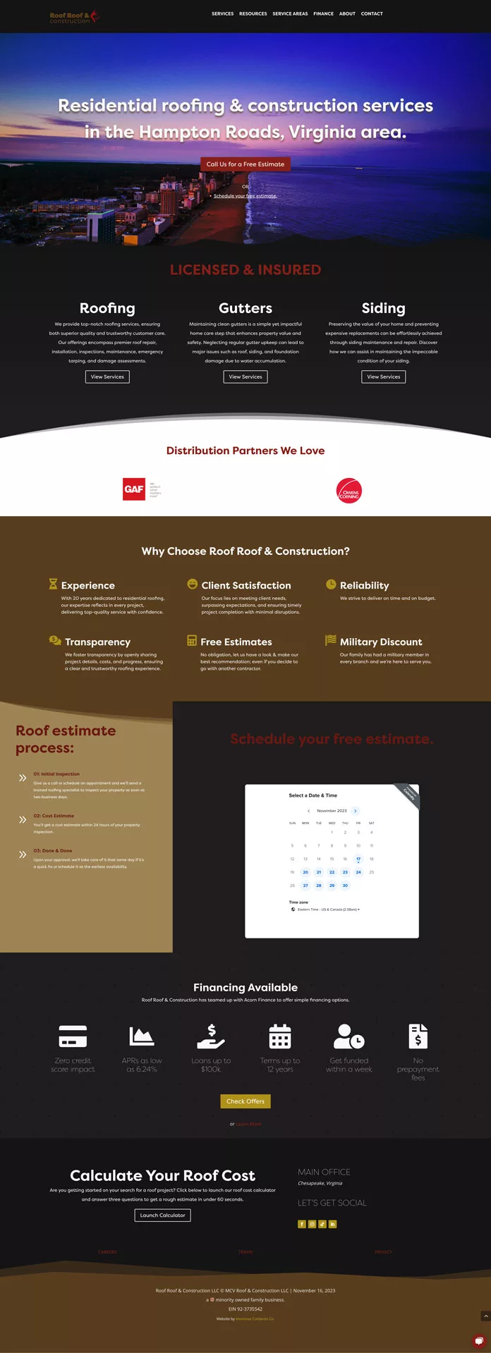 Roof Roof & Construction full website home page.