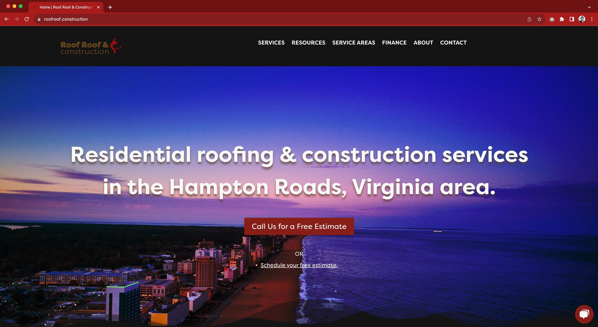 Roof Roof & Construction website home page.